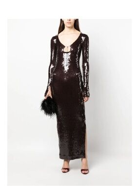 Sequin Long Sleeve Keyhole Maxi Dress in Dark Brown